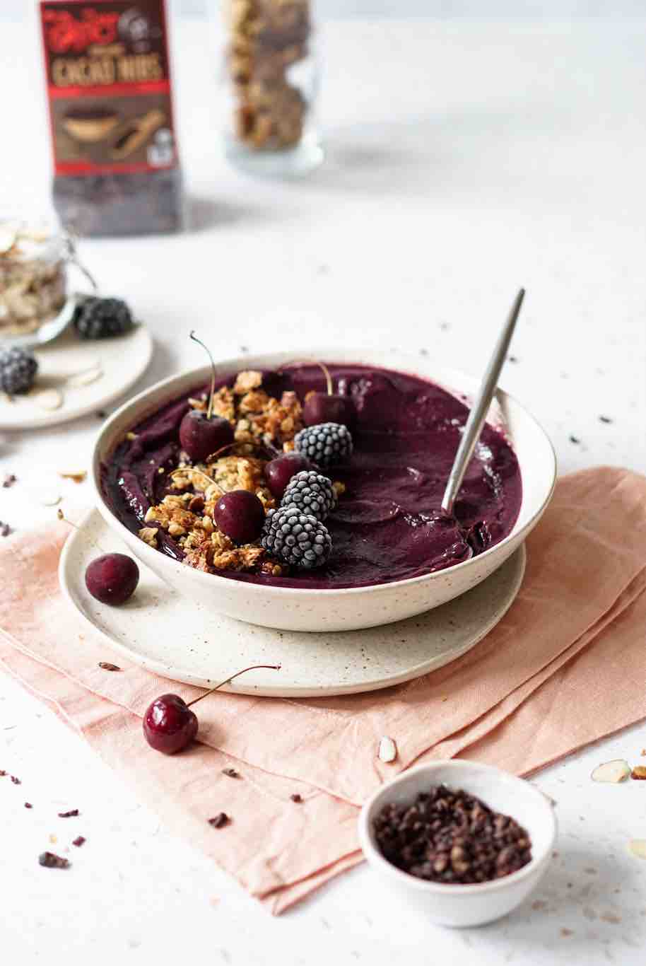 Chocolate Cherry Smoothie Bowl with Cacao and Maple Granola