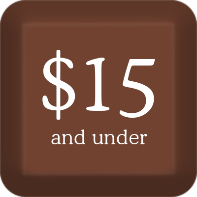 A brown square button with $15 and under written in white text.