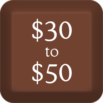 A brown square with white text in the center that reads $30 to $50.