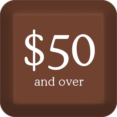 A brown square button with white text displaying $50 and over.