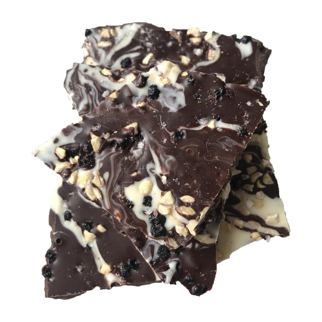 Four pieces of chocolate bark with swirls of dark and white chocolate, topped with chopped nuts and small dark bits, stacked on a white background.
