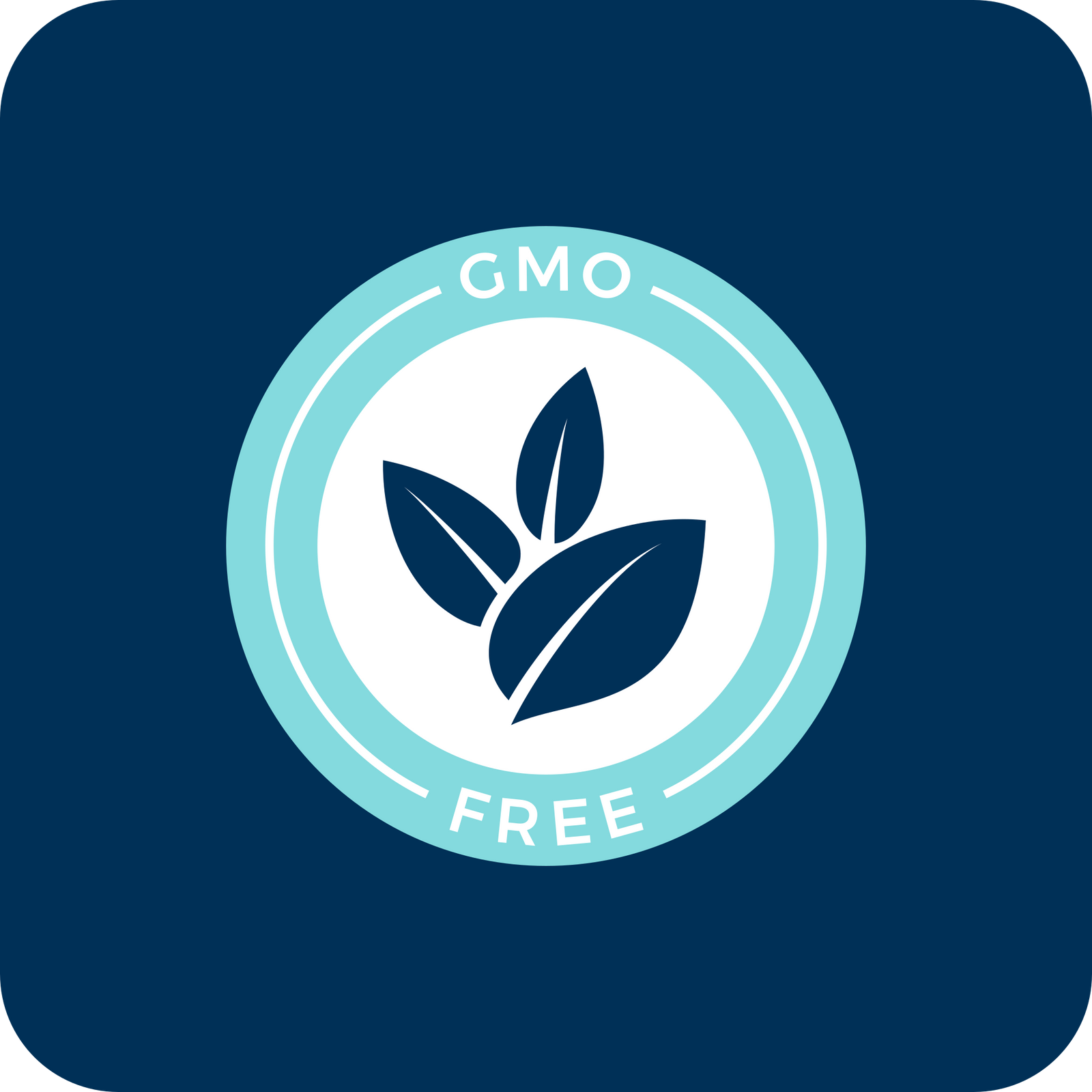 A circular icon with three leaves in the center, surrounded by a blue ring with the words GMO FREE on a dark blue background.