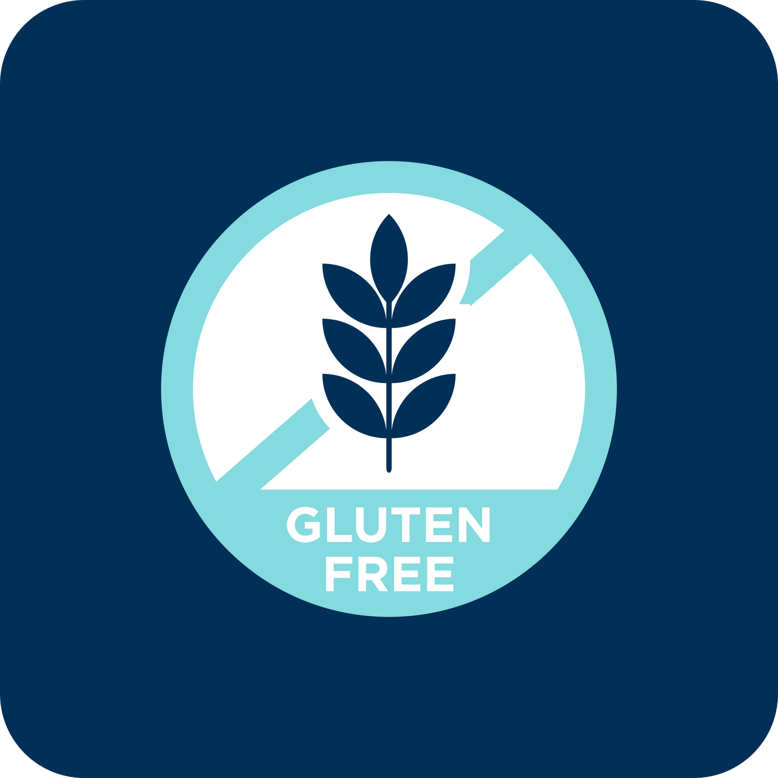 A blue and white gluten free icon with a wheat symbol crossed out inside a circle, indicating the product does not contain gluten.