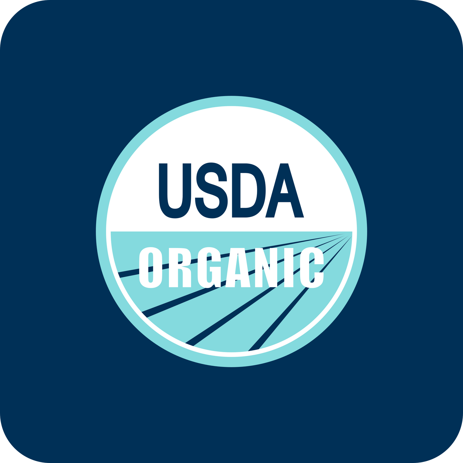 USDA Organic logo featuring bold USDA above ORGANIC with a stylized field graphic, all within a circular badge on a dark blue background.