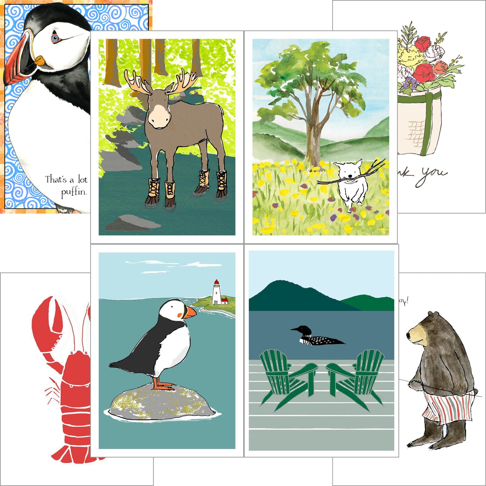 A collage of illustrated greeting cards featuring animals (puffin, moose, goat, lobster, loon, bear), flowers, and scenic nature backgrounds, arranged in a grid pattern.