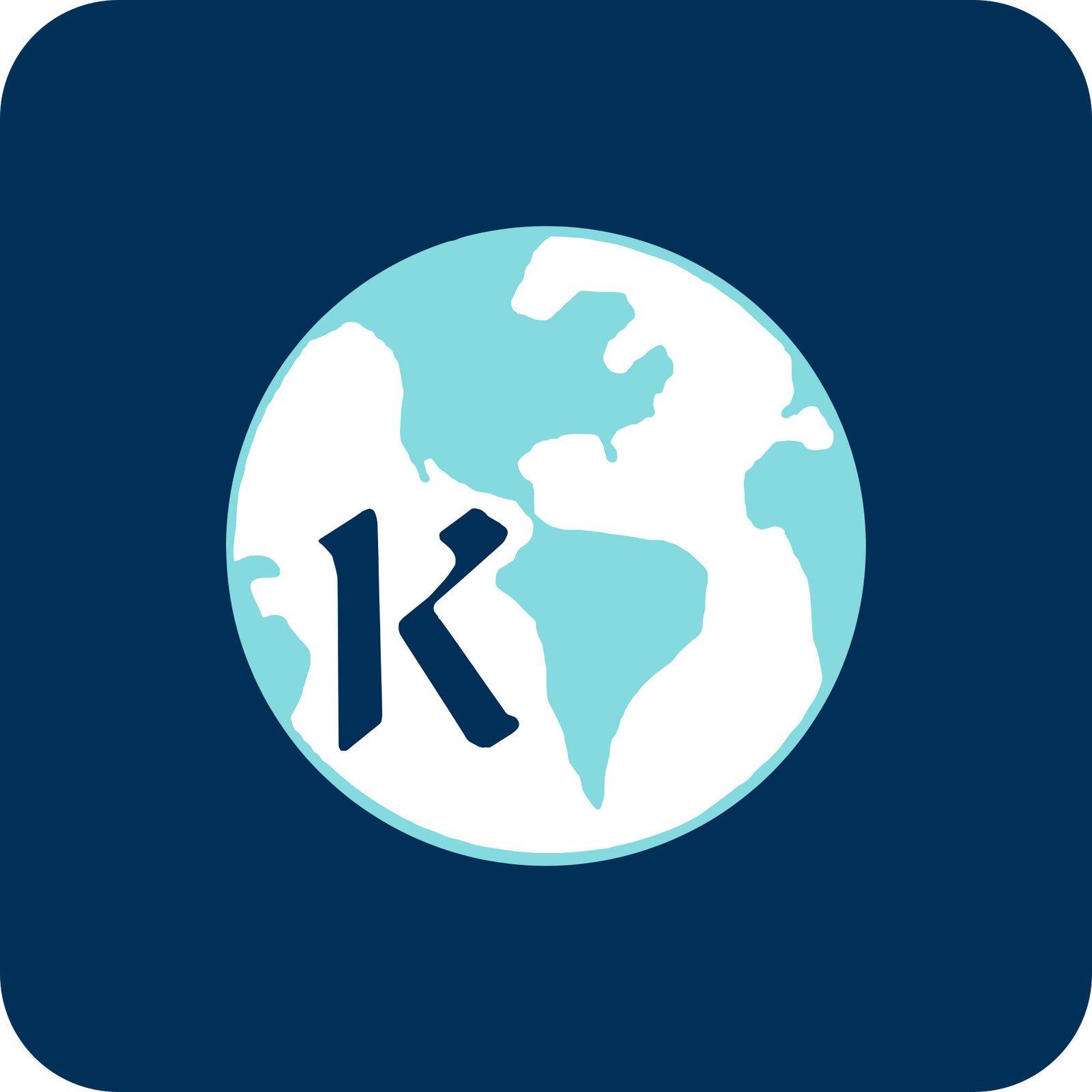 A stylized globe showing parts of North and South America and Africa on a blue background, with a bold letter K overlaying the left side of the globe.