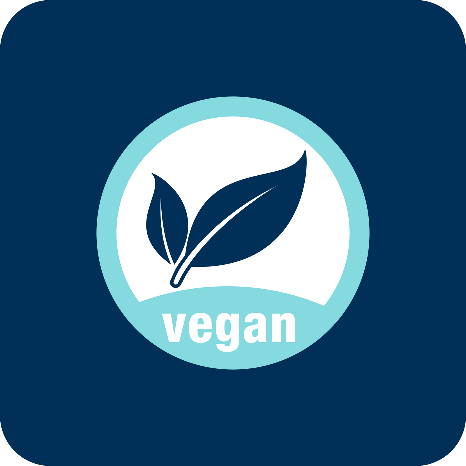 A blue and white circular icon features two leaves and the word vegan below them, indicating a vegan or plant-based product or option.