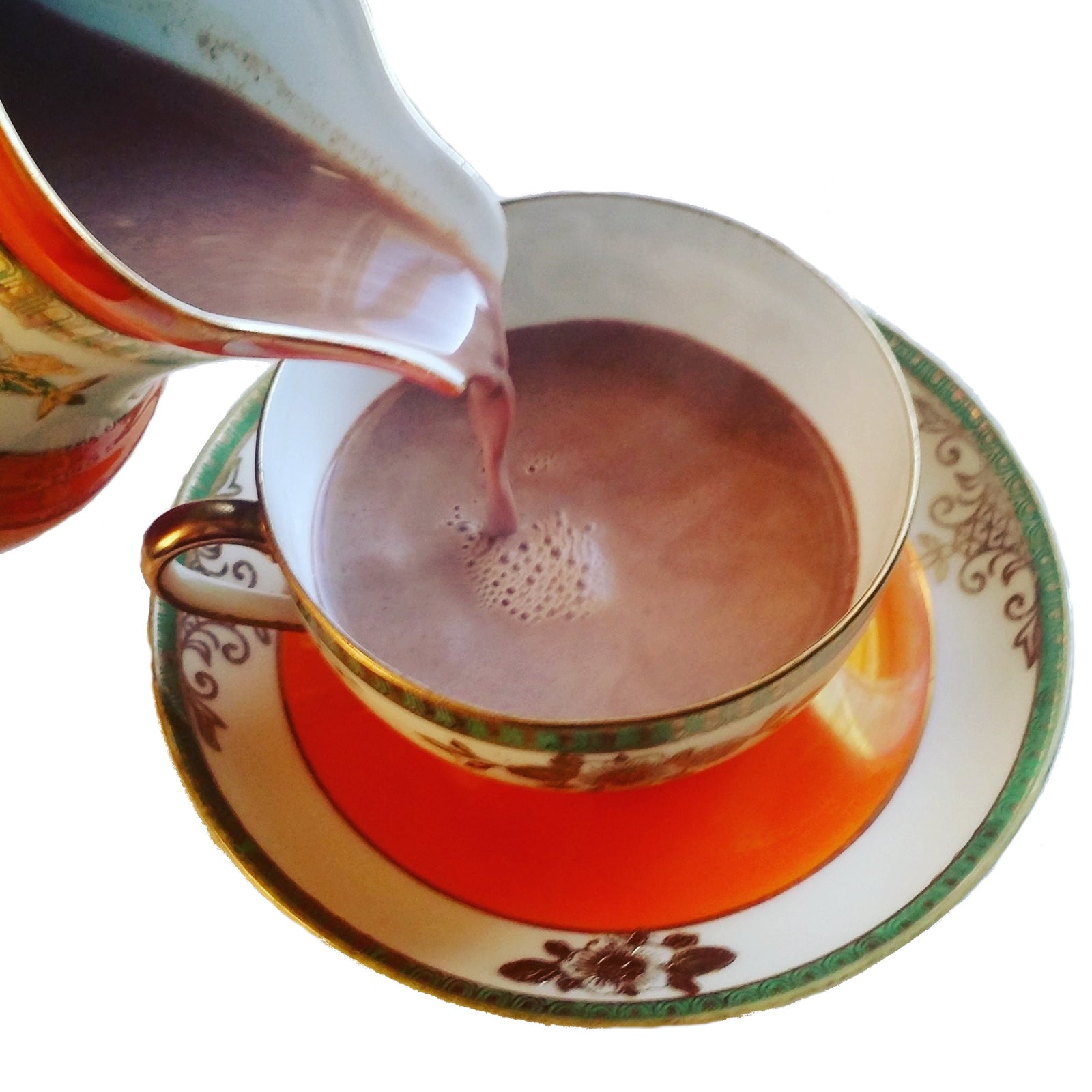 A jug pours a purple liquid into a decorative teacup with a matching saucer, featuring gold and green patterns, against a white background.