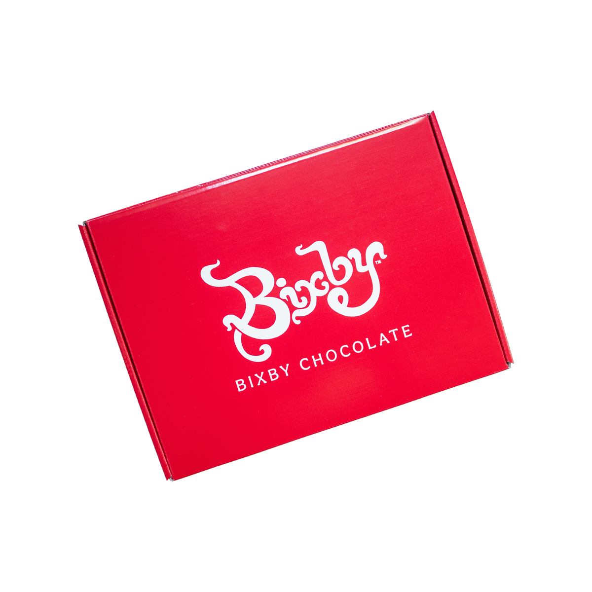 A bright red Bixby Chocolates box with a white logo holds an artisanal Beer Brittle Gift Box made with Allagash Beer, photographed against a white background.