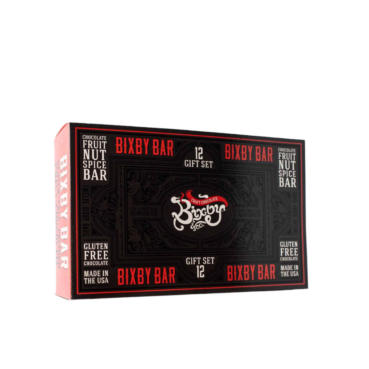 A Bixby Chocolates Assorted Gift Box (6 or 12 bars) with ornate black and red design, labeled Chocolate Fruit Nut Spice Bar, Gluten Free, Made in the USA, featuring the Bixby & Co. logo and assorted chocolate flavors.