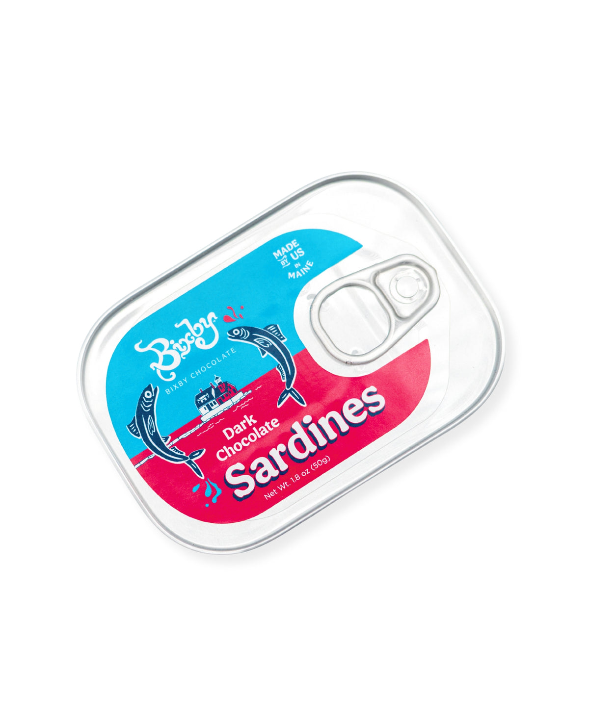 A tin of Bixby Chocolates’ Chocolate Sardines features playful fish artwork in blue and red, a pull-tab top, and artisanal chocolate—making it a quirky Maine souvenir.