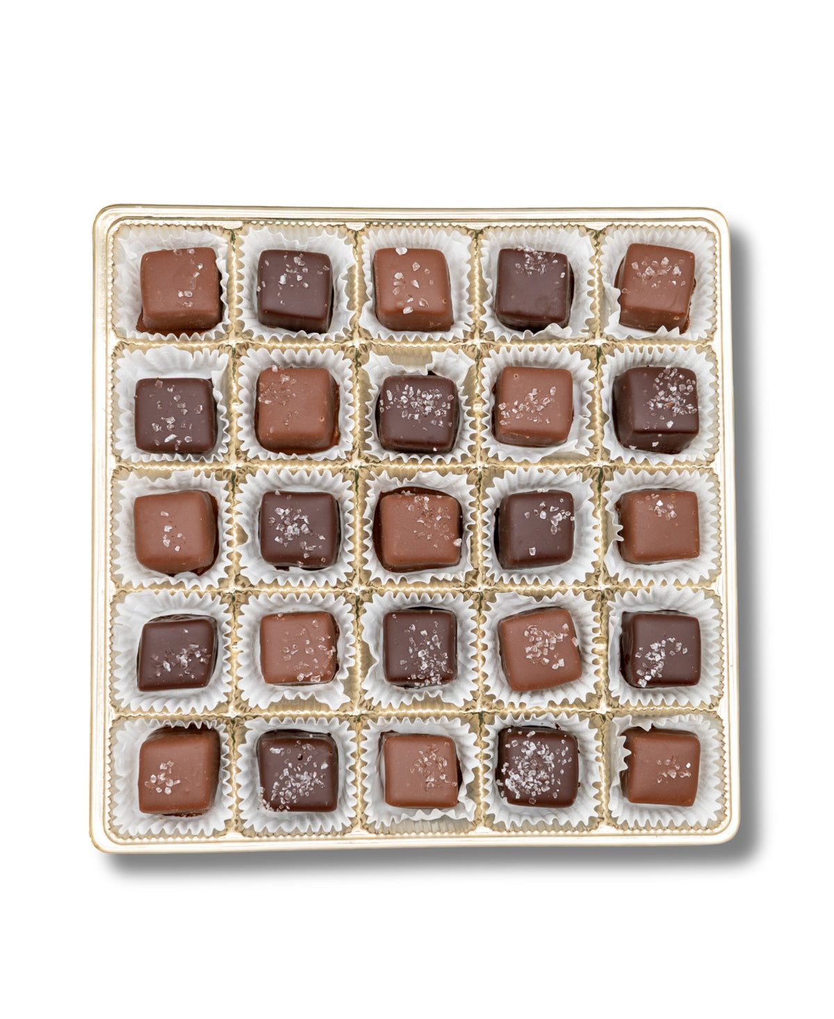 The Bixby Chocolates Chocolate Sea Salted Caramels Gift Box includes 25 assorted square artisanal chocolates—half dark, half milk—each topped with sea salt and arranged in individual cups on a gold-trimmed tray.