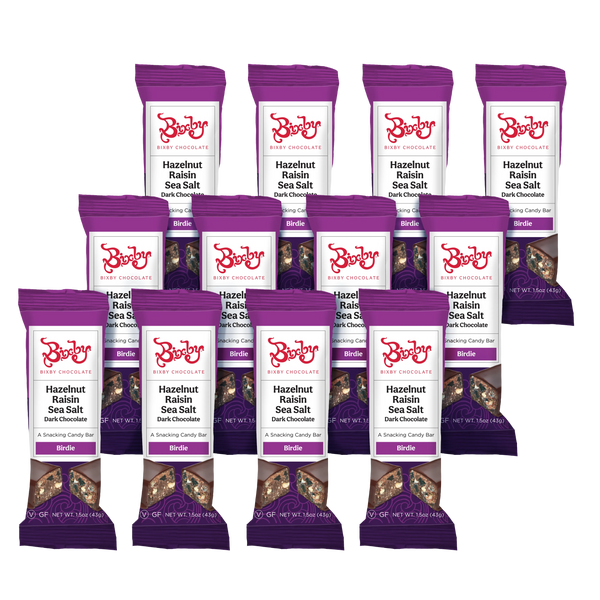 Twelve Birdie - Dark Chocolate + Hazelnuts + Raisins + Maine Sea Salt (Vegan) bars by Bixby Chocolates are arranged in rows on a white background, each displaying the brand logo and flavor.