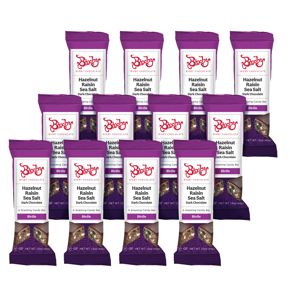 Twelve Birdie - Dark Chocolate + Hazelnuts + Raisins + Maine Sea Salt (Vegan) bars by Bixby Chocolates are arranged in rows on a white background, each displaying the brand logo and flavor.