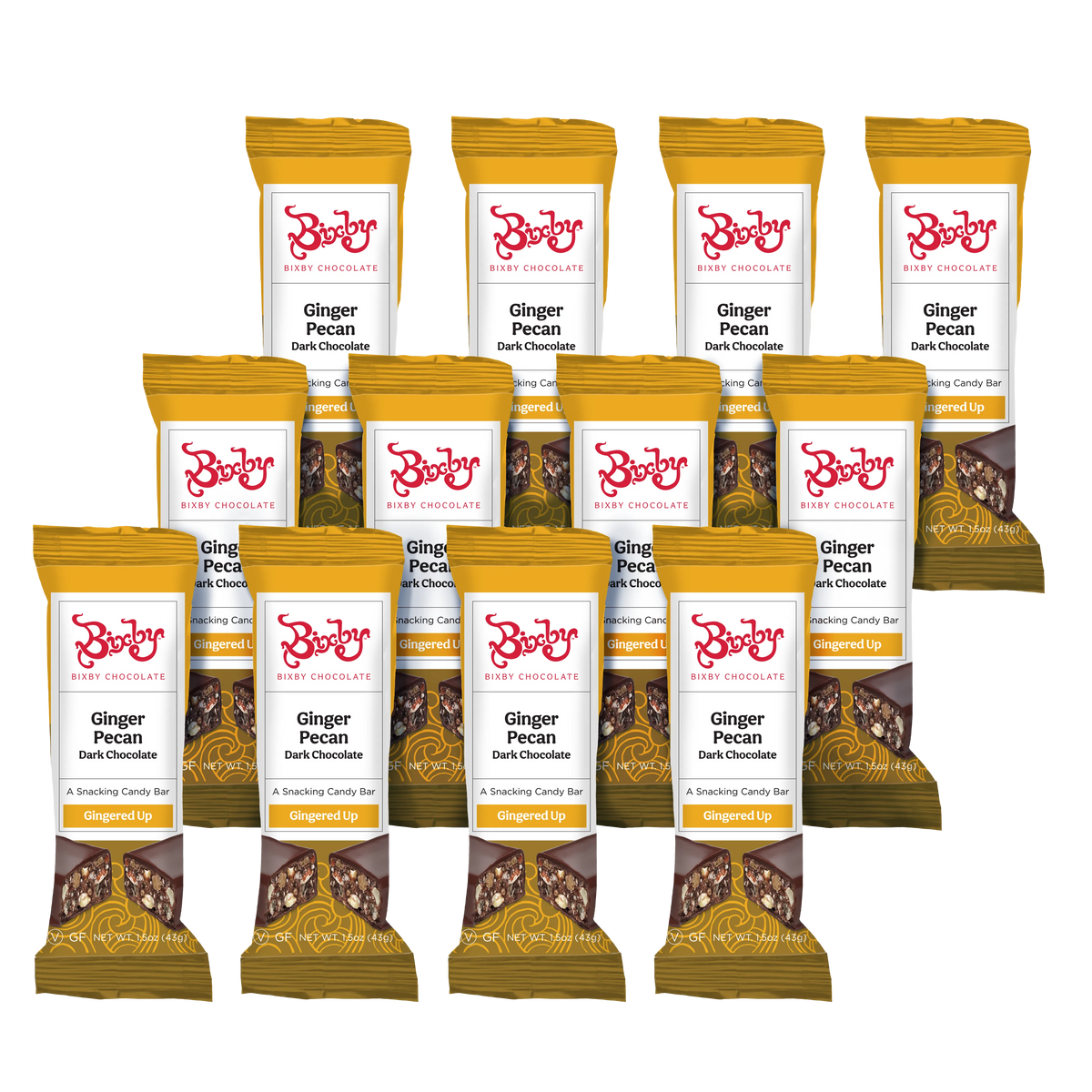 Twelve bars of Bixby Chocolates' Gingered Up® - Dark Chocolate + Crystalized Ginger & Pecan (Vegan) are arranged in rows, with yellow and brown packaging showing chocolate pieces, pecans, ginger, and the product name.