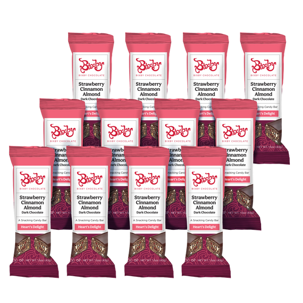 Twelve Heart's Delight® Dark Chocolate + Almonds + Strawberries + Cinnamon (Vegan) bars by Bixby Chocolates are neatly arranged in rows against a white background—an ideal vegan snack bar for any occasion.