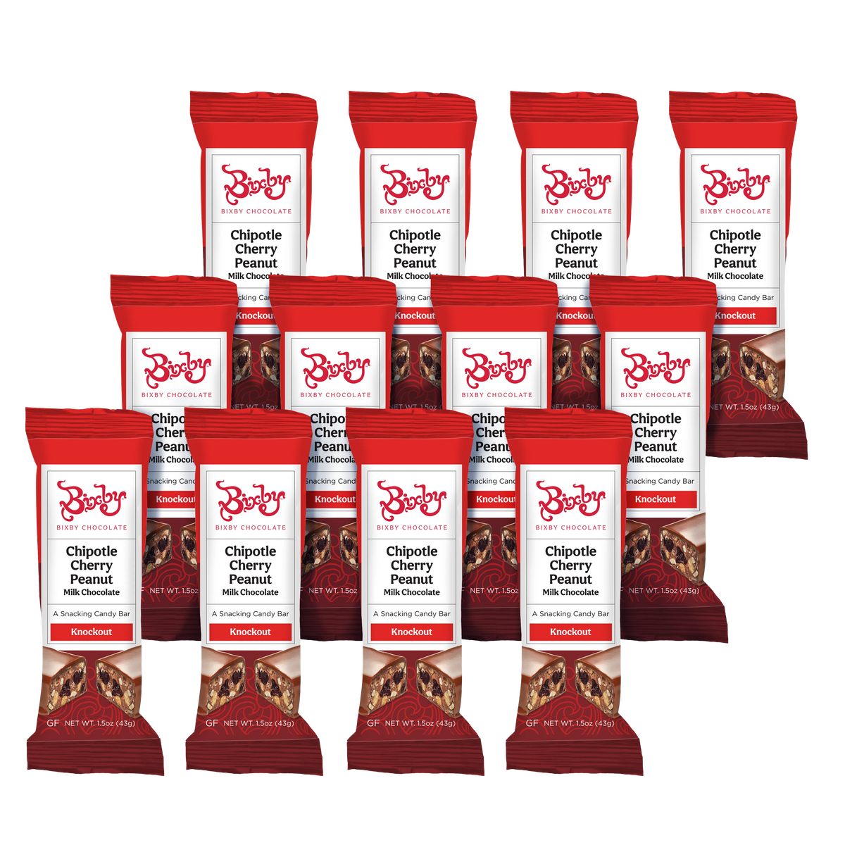 Twelve Knockout bars from Bixby Chocolates are arranged in three rows, each red and white wrapper highlighting milk chocolate with chipotle, peanuts, and Bing cherries on the front.