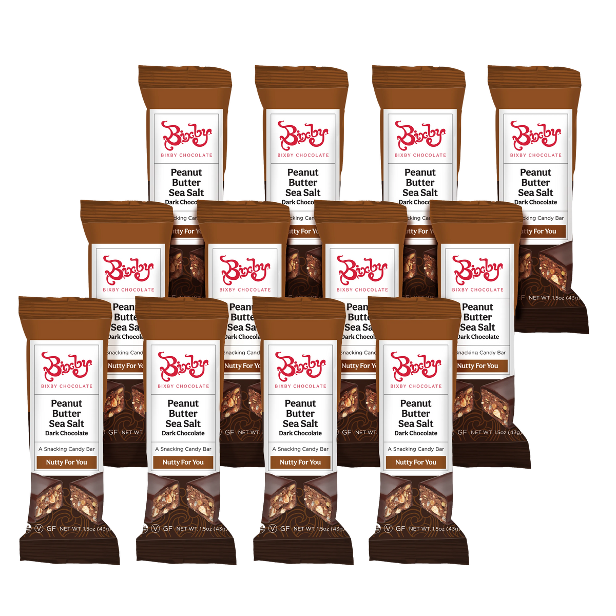 Twelve Nutty for You® bars by Bixby Chocolates—dark chocolate with crunchy peanut butter and Maine sea salt—are wrapped in brown packaging and arranged in three rows against a white background.