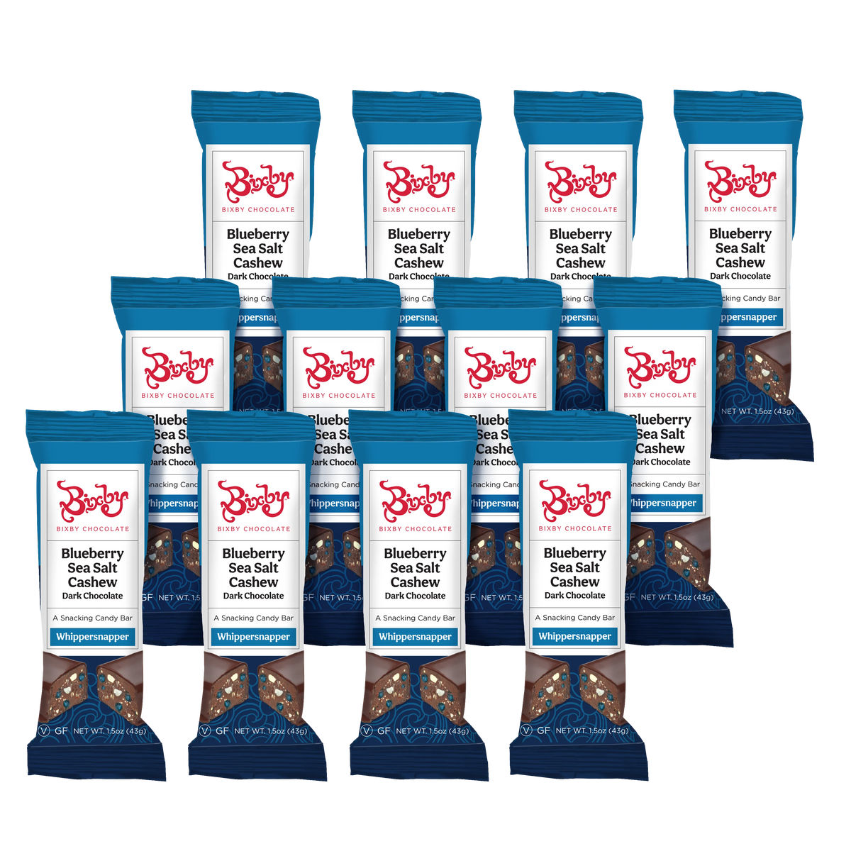 Twelve packages of Bixby Chocolates Whippersnapper® Dark Chocolate + Maine Blueberries + Maine Sea Salt (Vegan) are arranged in a grid against a white background, with blue packaging highlighting their handmade Maine origin.