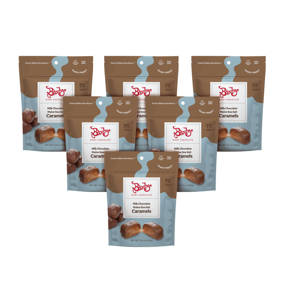 Six pouches of Bixby Chocolates' Milk Chocolate Sea Salt Caramels are arranged in two rows, showcasing their brown and blue packaging—an irresistible Maine chocolate caramel treat.