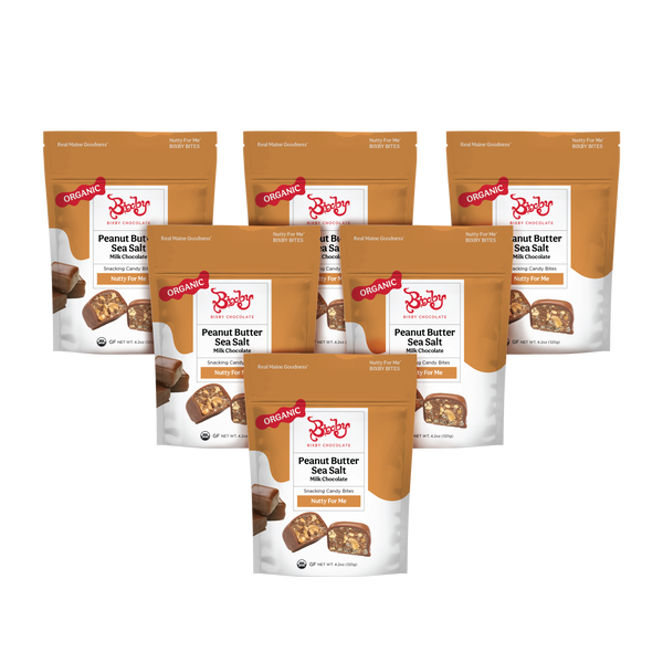 Six packs of Bixby Chocolates Nutty For Me Bixby Bites: Milk Chocolate + Crunchy Peanut Butter + Maine Sea Salt, arranged in two rows on a white background. Brown, white, and orange packaging highlights peanut butter and sea salt.