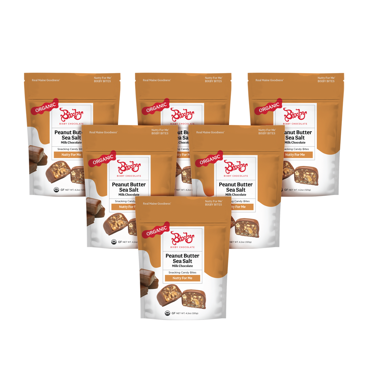 Six packs of Bixby Chocolates Nutty For Me Bixby Bites: Milk Chocolate + Crunchy Peanut Butter + Maine Sea Salt, arranged in two rows on a white background. Brown, white, and orange packaging highlights peanut butter and sea salt.