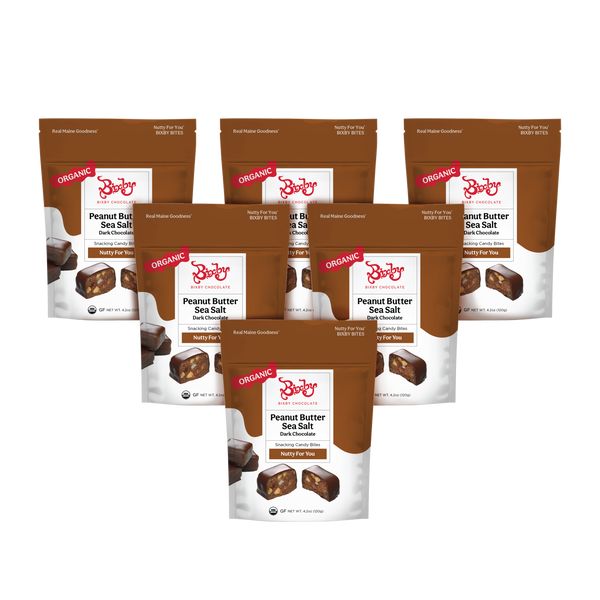 Six brown and white pouches of Organic Nutty For You Bixby Bites (Vegan) by Bixby Chocolates are arranged in two rows on a white background, with product images and labels clearly visible on each package.