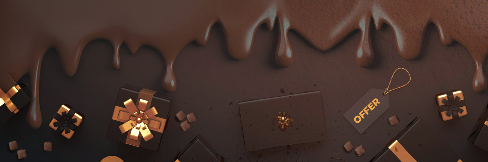 Chocolate drips from the top edge over a dark surface decorated with black and gold gift boxes, scattered chocolates, and a black tag labeled OFFER.