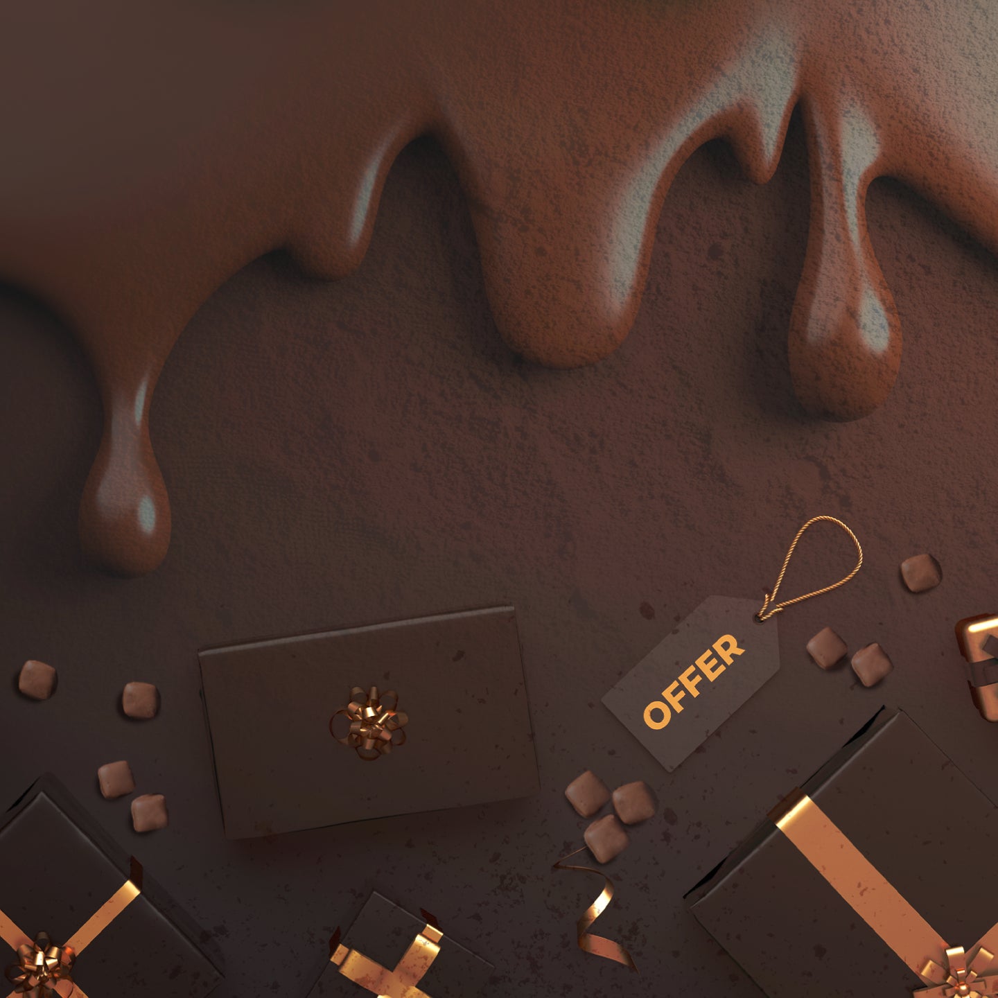 Chocolate drips from the top of the image. Below, black gift boxes with gold ribbons and a tag labeled OFFER are surrounded by scattered chocolate pieces on a dark brown background.