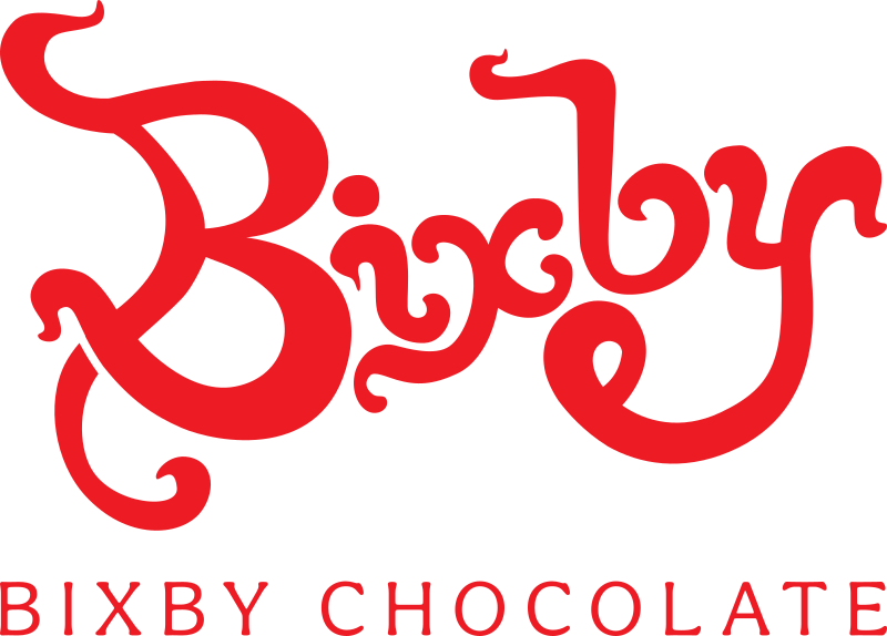 Red, stylized text logo reads Bixby in flowing, artistic script, with BIXBY CHOCOLATE in uppercase letters below in a clean, simple font on a light background.