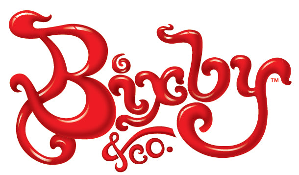 Red, curly script logo text reads Bixby & Co. against a white background, with the letters designed in a whimsical, playful style.