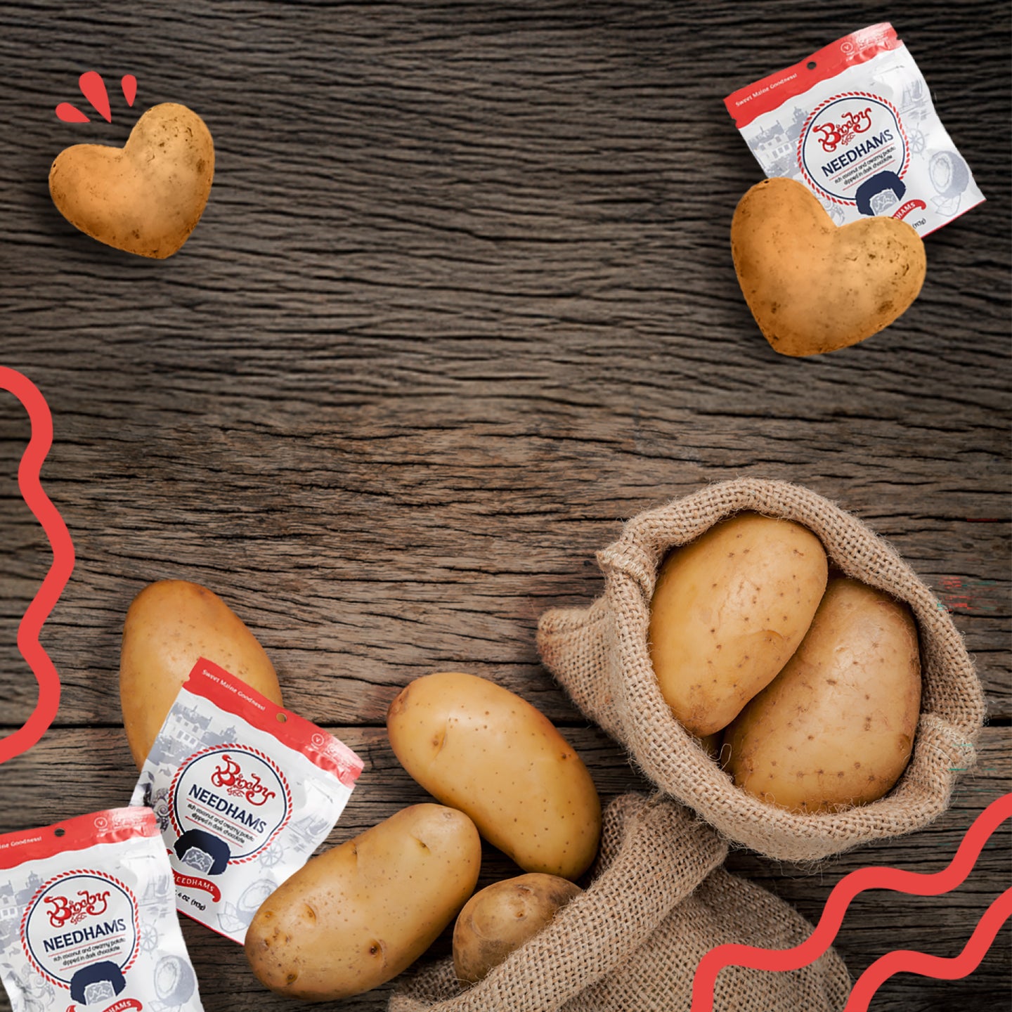 A burlap sack spills out several potatoes onto a wooden surface. Heart-shaped potatoes, red doodles, and small packages labeled “Needhams” are scattered around the scene.