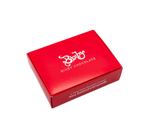 Red box of Bixby Chocolate on a white background