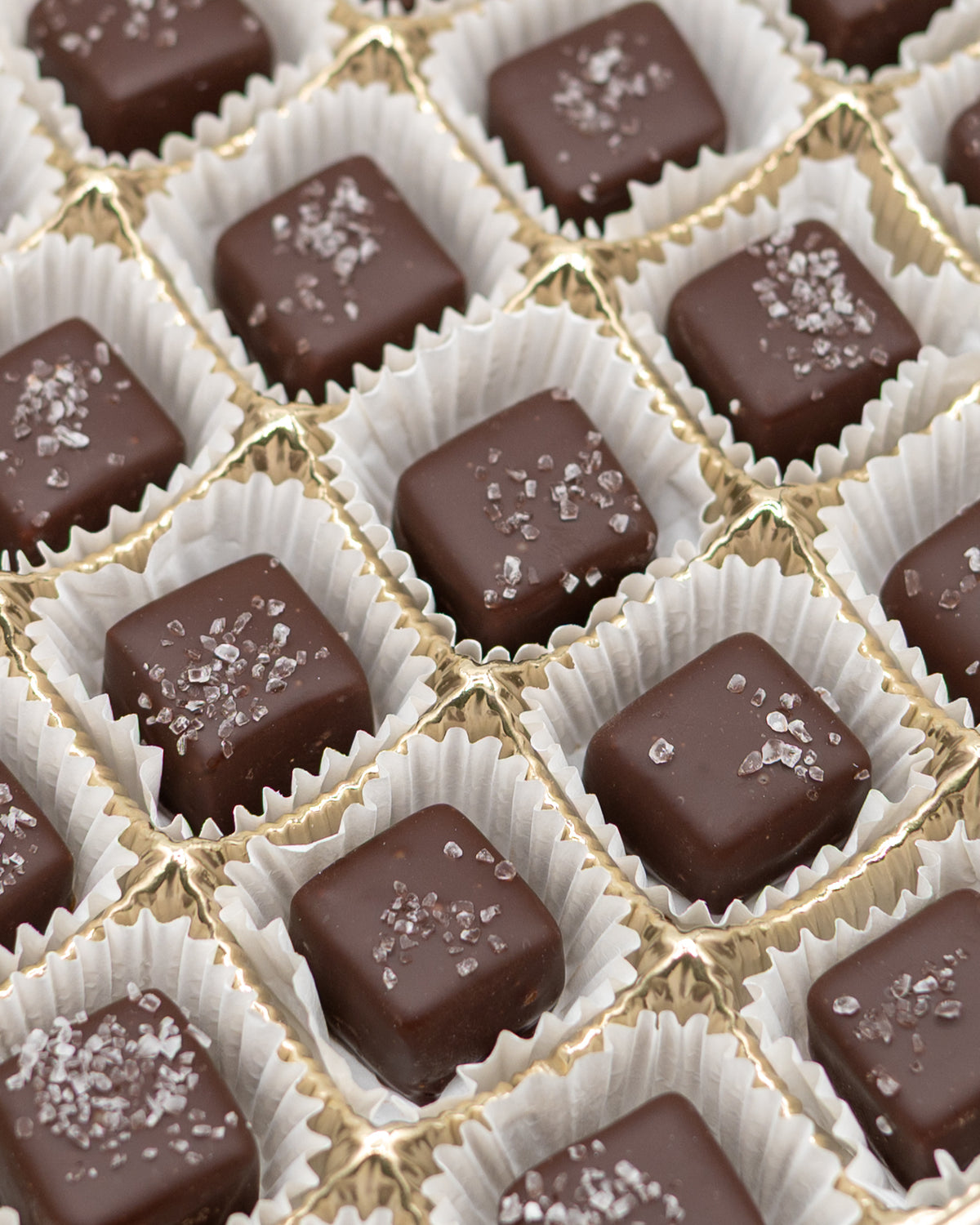 A close-up of Bixby Chocolates’ Chocolate Sea Salted Caramels Gift Box, featuring artisanal sea salted caramels in white cups, some topped with coarse salt, arranged neatly in a gold box.