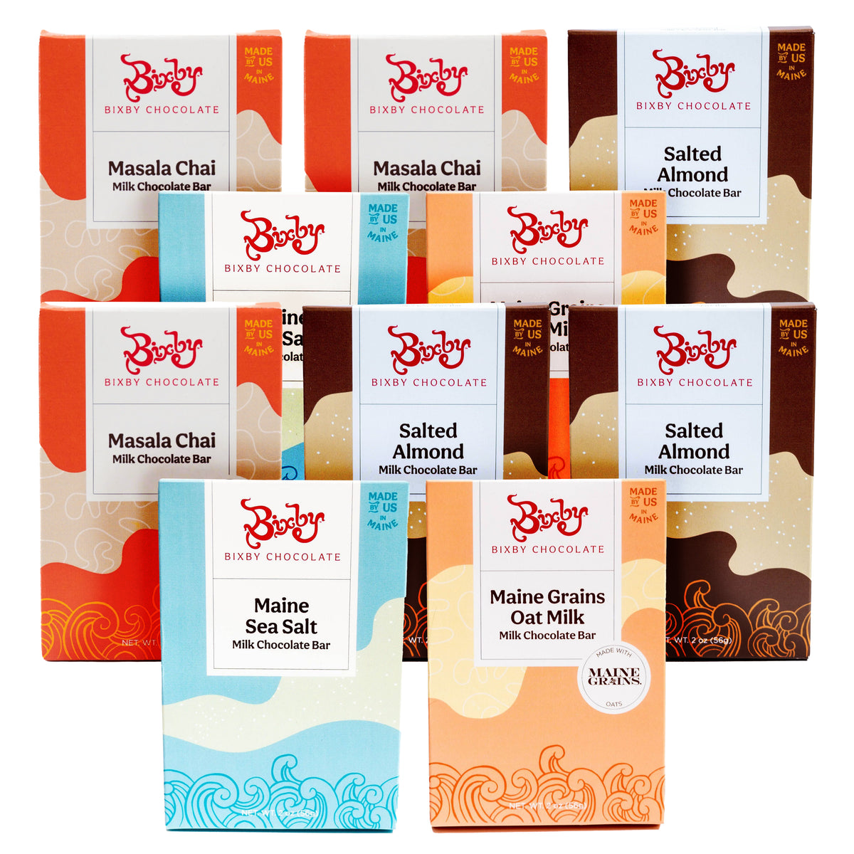 The Bixby Chocolate Bars Variety Pack features nine handcrafted bars in three rows, with flavors like Masala Chai, Salted Almond, Maine Sea Salt, and Maine Grains Oat Milk. Colorful wave designs on the packaging highlight this premium assortment.