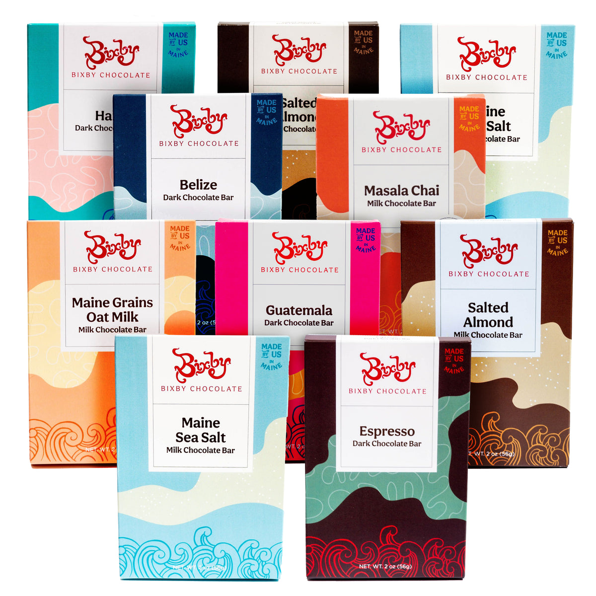 The Bixby Chocolate Bars Variety Pack features ten handcrafted bars, each with unique designs and bold labels, in a mix of premium dark and milk chocolate.