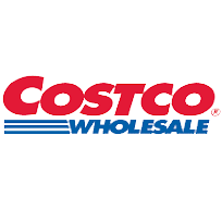 Costco Wholesale logo with Costco in bold red letters above three blue horizontal lines and Wholesale in bold blue letters.