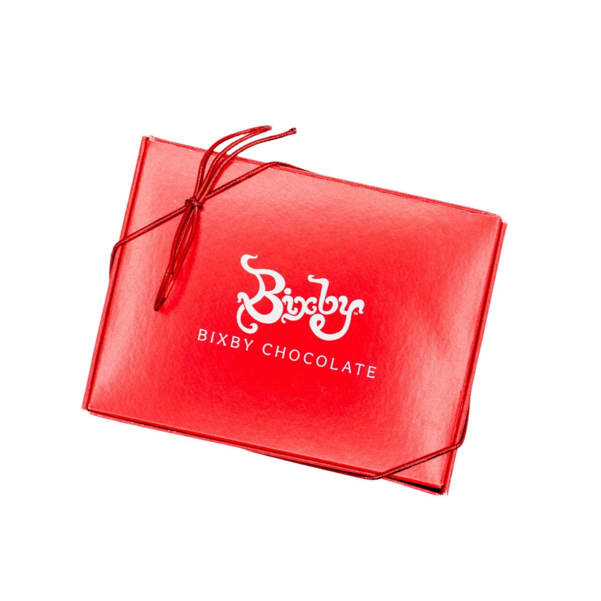 A bright red Bixby Chocolates box with white logo and text, tied with a thin red string, displays the Milk Chocolate Maine Sea Salted Caramel Gift Box against a clean white background.