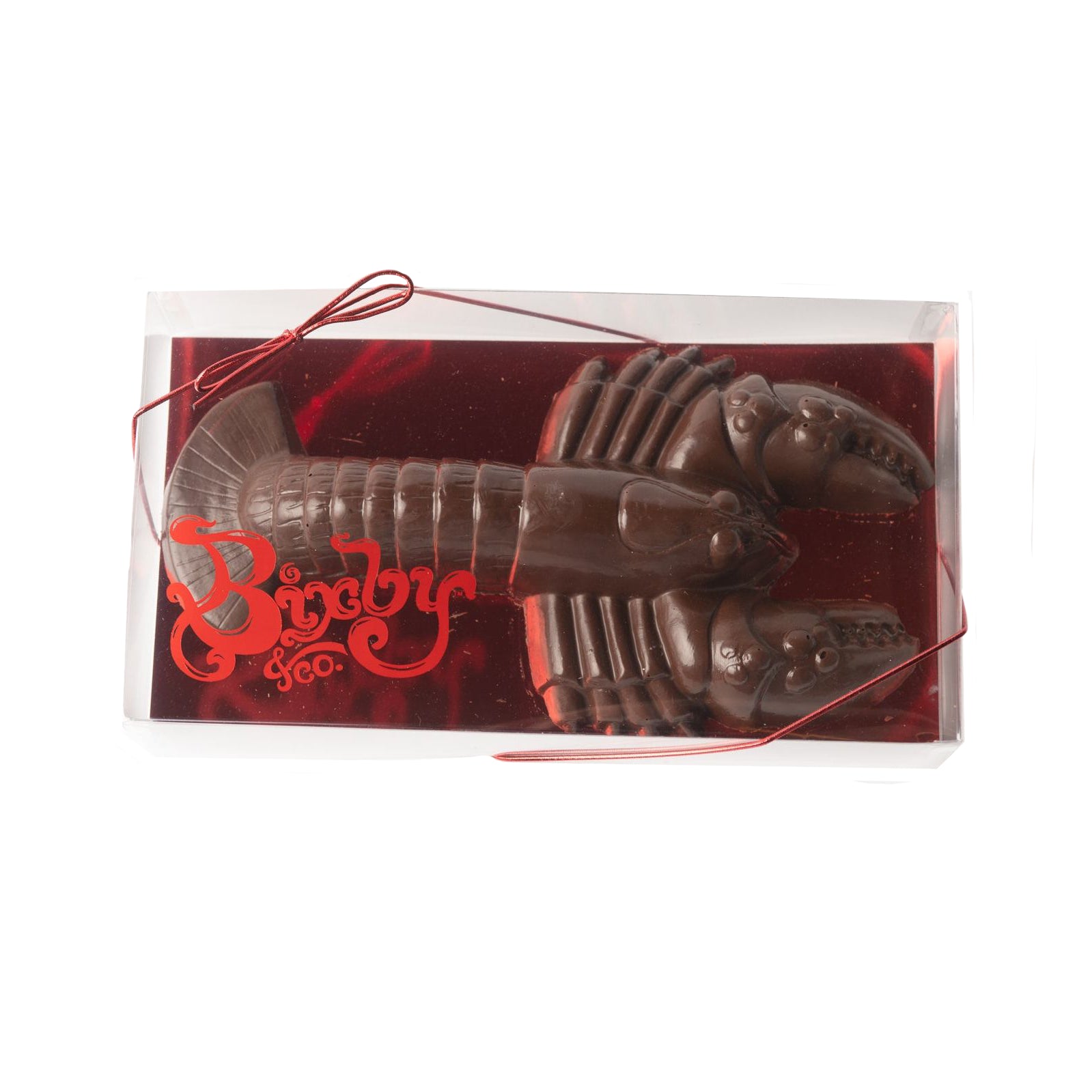 A vegan dark chocolate 1 lb lobster by Bixby Chocolates comes in a clear box with red trim—perfect for unique Maine chocolate gifts.