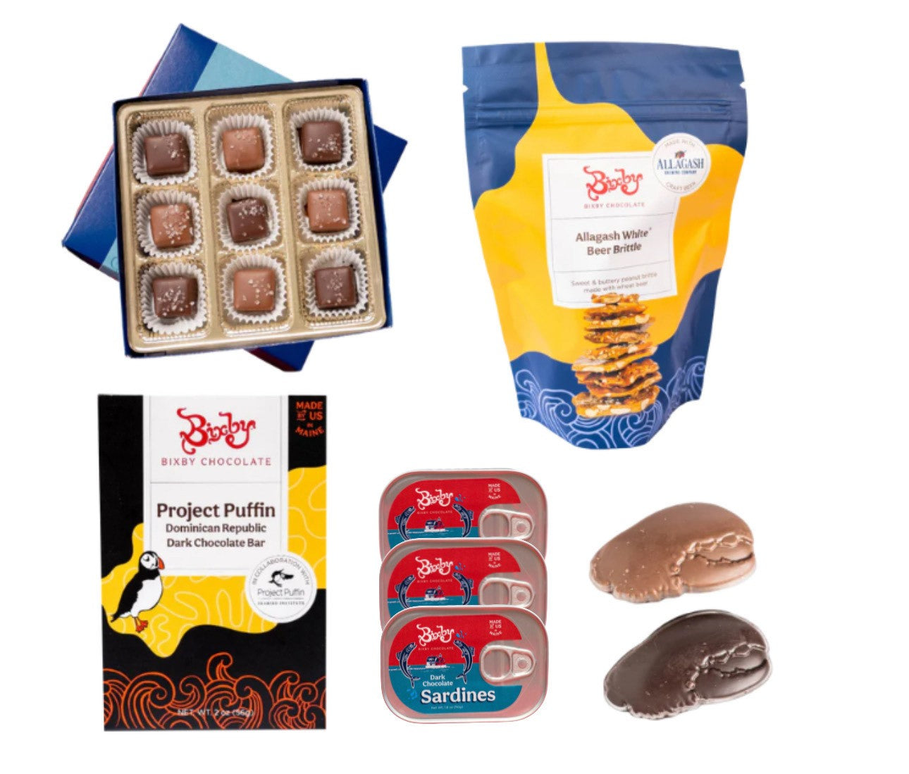 Enjoy Maine-made treats: a Bixby Chocolate Downeast Chocolate Delights box, Allagash White Beer Brittle, Project Puffin dark chocolate bar, two chocolate sardines, and three tins of sardines—perfect gifts for chocolate lovers.