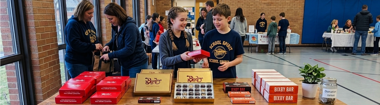 An image of kids fundraising at a school with boxes of Bixby chocolate.