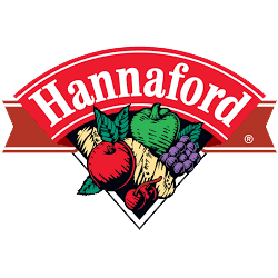 Hannaford logo featuring a red banner with the word Hannaford above illustrations of an apple, green apple, grapes, cherries, and cheese.