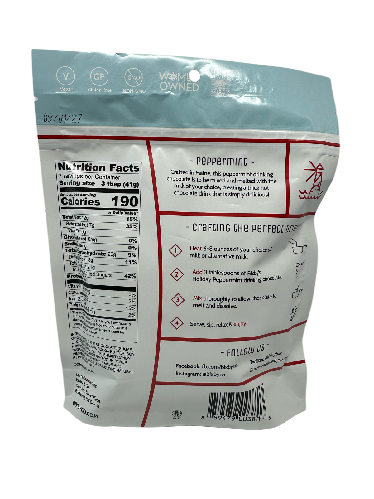 The back of Bixby Chocolates' Peppermint Drinking Chocolate features nutrition facts, preparation and allergy info, plus social media links on a white and light blue background—enjoy real hot chocolate flavor with every sip.