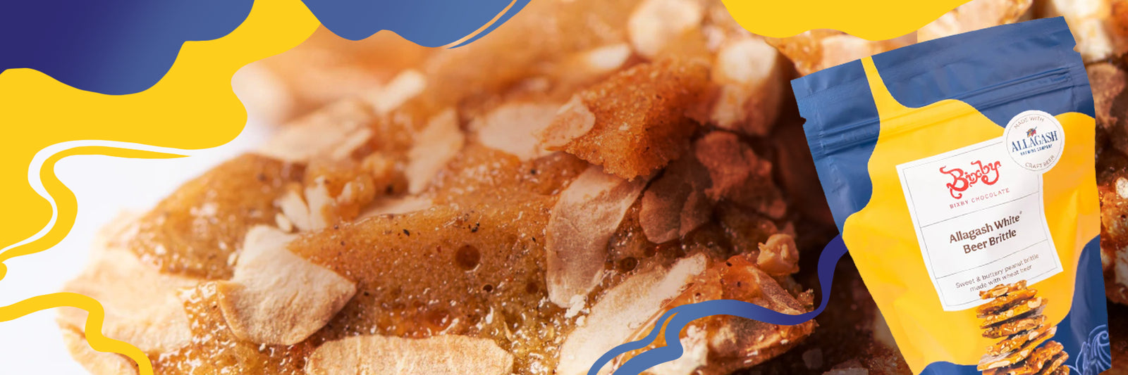 A close-up of almond brittle candy with a partially visible yellow and blue bag labeled “Alaska’s Made Best Brittle.” Decorative yellow and blue waves frame the image.