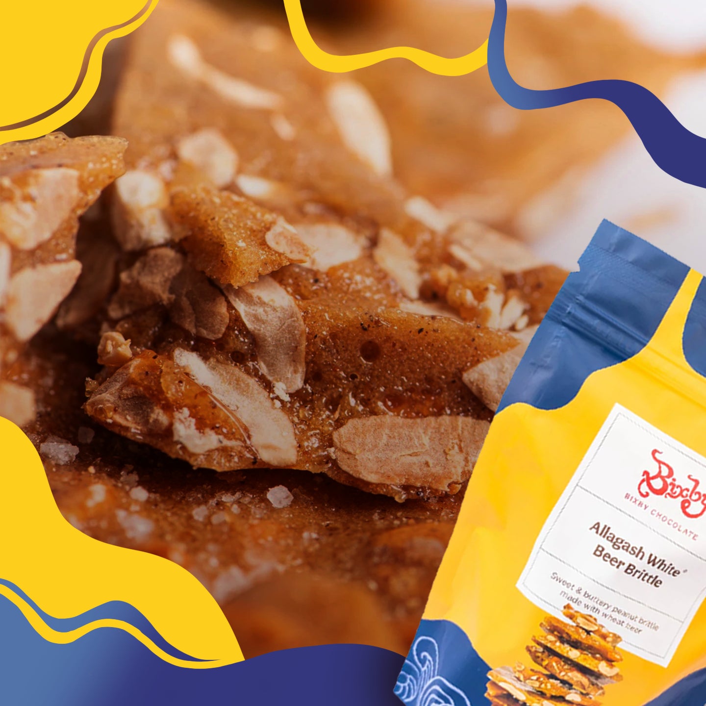 Close-up of nut-studded beer brittle with a yellow and blue abstract border. In the foreground, a bag labeled Allagash White Beer Brittle from Bixby Chocolate is partially visible.