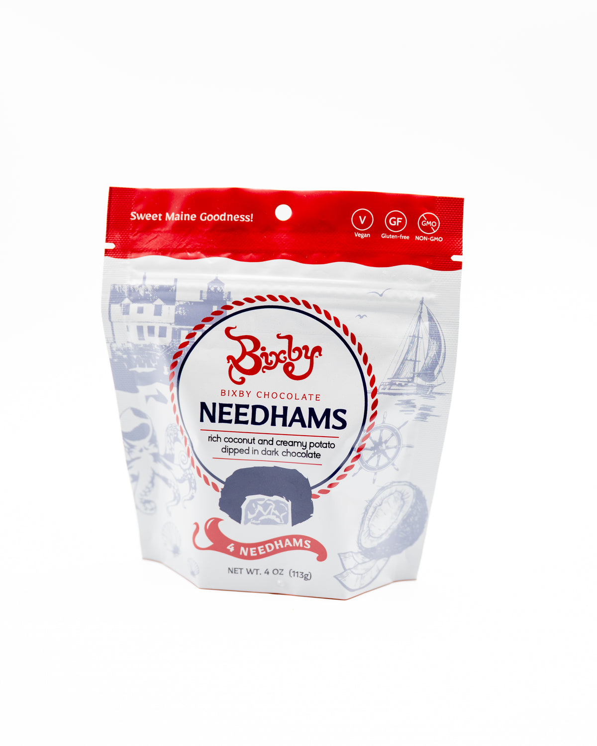 A red and white 4 oz (113g) bag of Bixby Chocolates Needhams—a classic Maine treat—is vegan, gluten-free, and non-GMO. The package displays a potato, coconut, ship, and coastal town. Chocolate coconut candy inside.