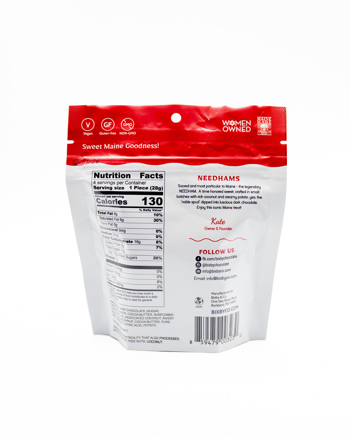 Back of a red and white Bixby Chocolates Needhams package displays nutrition facts, ingredients, company info, and social media links. The women-owned pack says "Sweet Maine Goodness!"—spotlighting this delicious Maine treat.