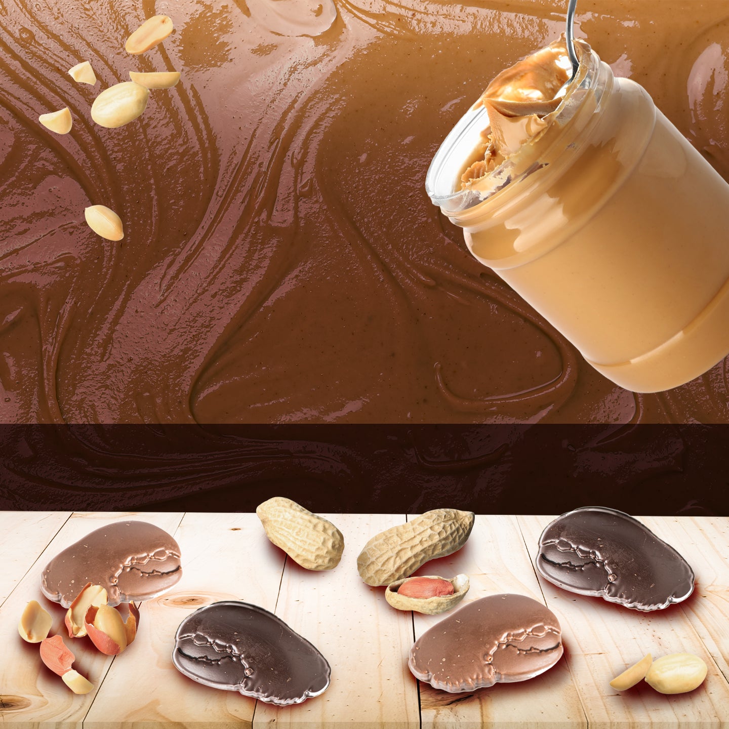 A jar of creamy peanut butter with a spoon, surrounded by peanuts, peanut shells, and chocolate-covered peanut candies on a wooden surface with a swirl of peanut butter in the background.
