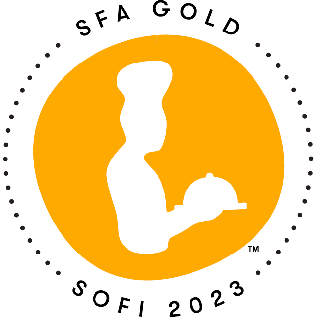 A gold circular badge with a white silhouette of a chef holding a cloche. Black text around the circle reads “SFA GOLD SOFI 2023.” Dotted lines border the badge.