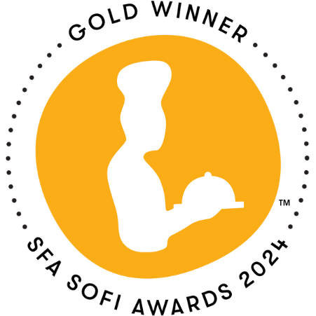 Circular badge with a yellow background featuring a white silhouette of a chef holding a cloche. Text reads: Gold Winner SFA Sofi Awards 2024 around the edge.